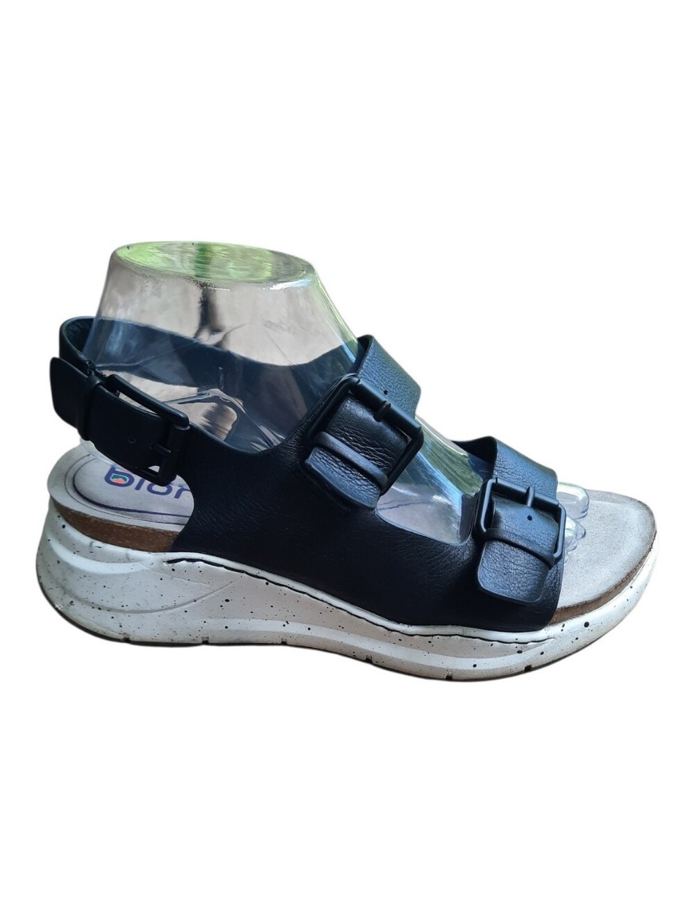 Bionica Olin Black Leather Slingback Ankle Strap Buckle Wedge Sandals Size 9